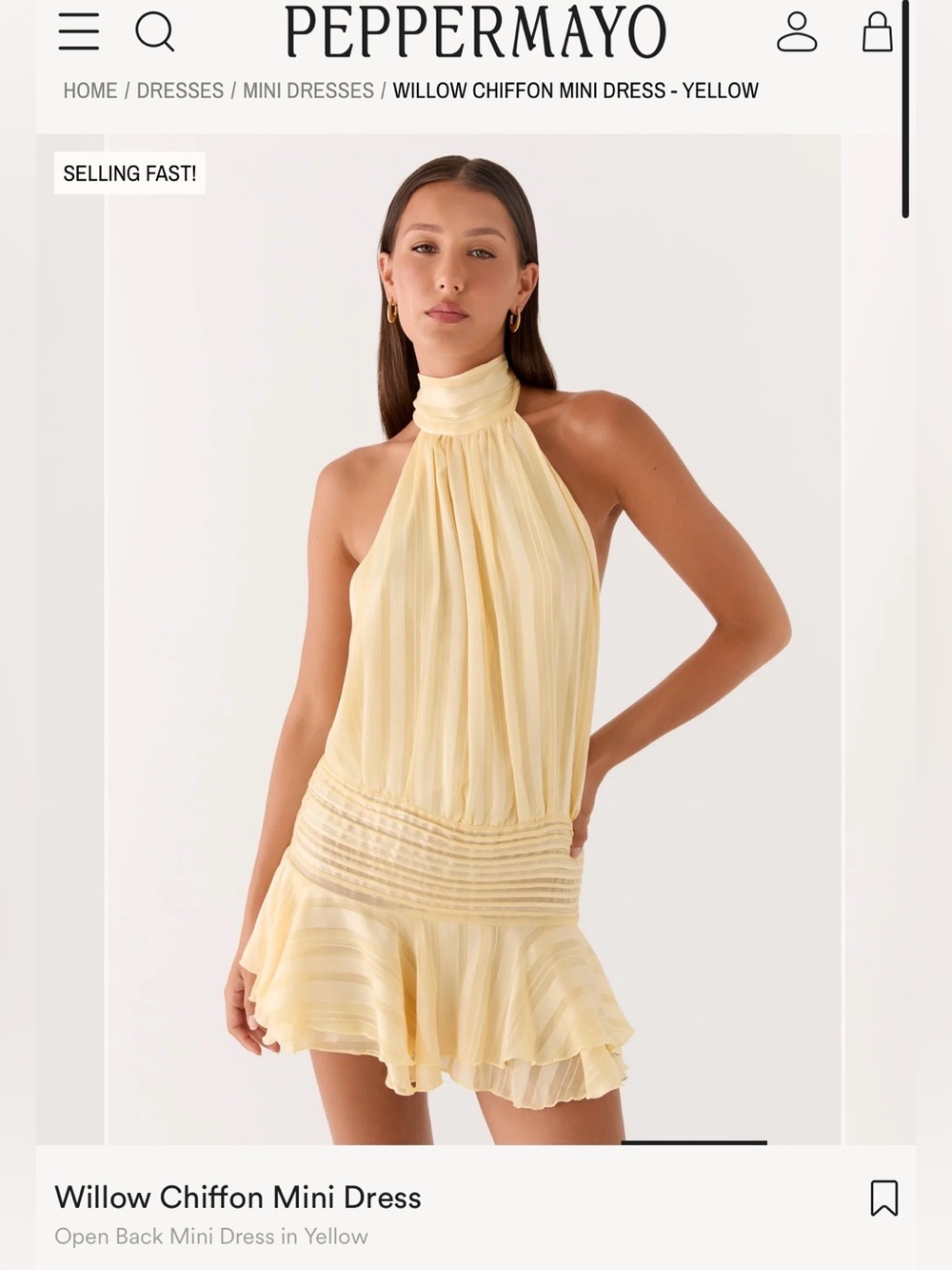 Peppermayo Willow Chiffon Halter Mini Dress in Pale Yellow